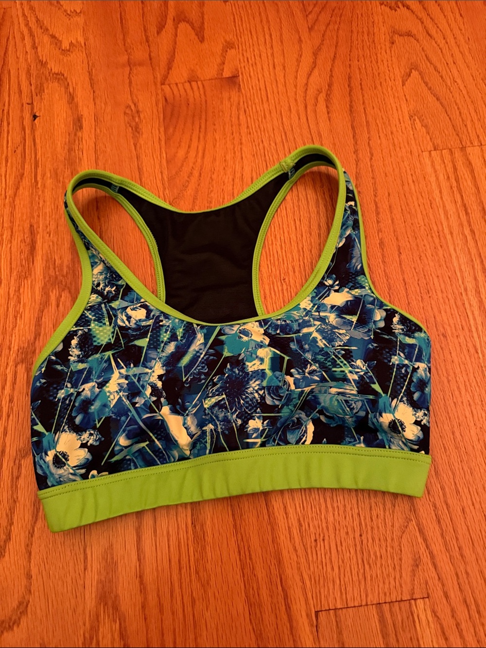 TYR Blue Floral Sports Bra with Lime Trim Size Small (4/6)